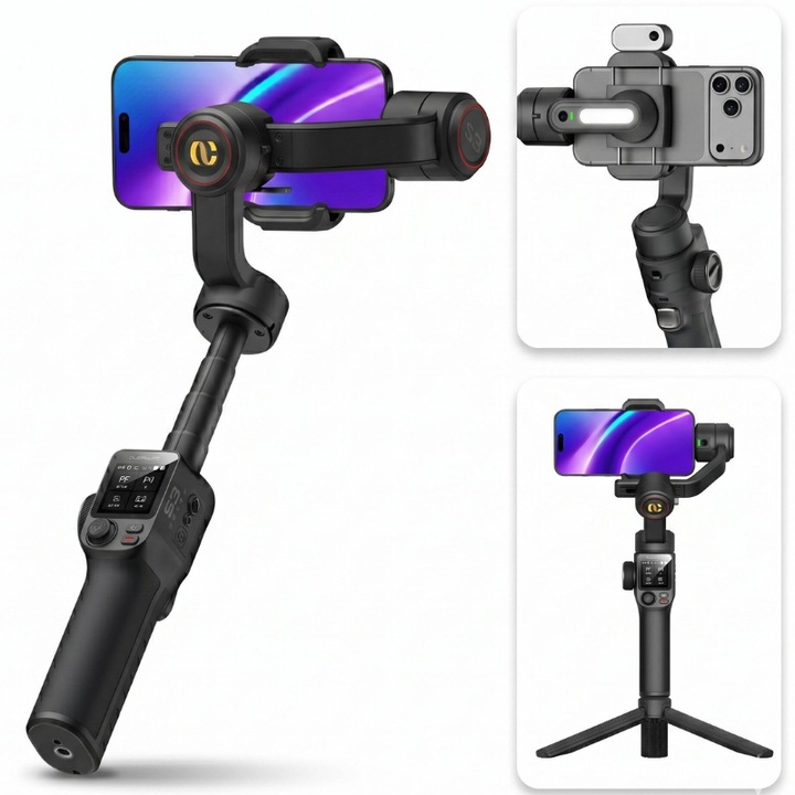 Gimbal stabilizátor Dasbo Smart S3, 3 tengelyes stabilizálás, AI Tracking 360, fekete, 560g