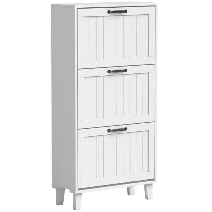 Cipősszekrény lehajtható fiókokkal, HOMCOM, Forgácslap, MDF, 60 x 24 x 118 cm, Fehér