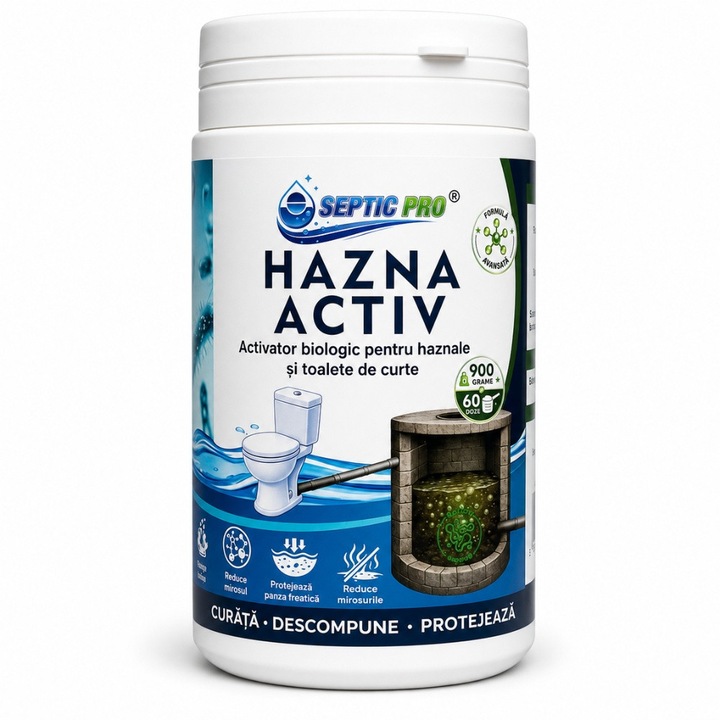SepticPro® Hazna Activ – bioaktivátor udvaron lévő emésztőgödrökhöz és WC-khez, csökkenti a szagokat és lebontja a lerakódásokat, 900 g, 60 adag, 1 éves kezelés