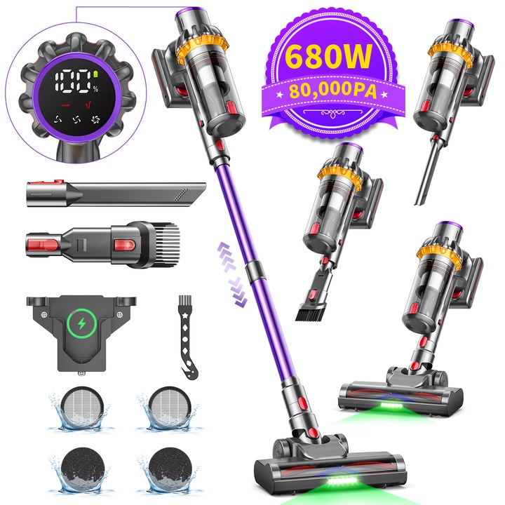 Aspirator Vertical Fara Fir Dymona® V15S, 680W, 80kPA, 75 min, filtrare medicala HEPA-H13 cu 5 straturi, rezervor praf 1, 8 L, perie anti-incurcare, tehnologie GreenEye, ecran OLED, 12-in-1, violet/auriu