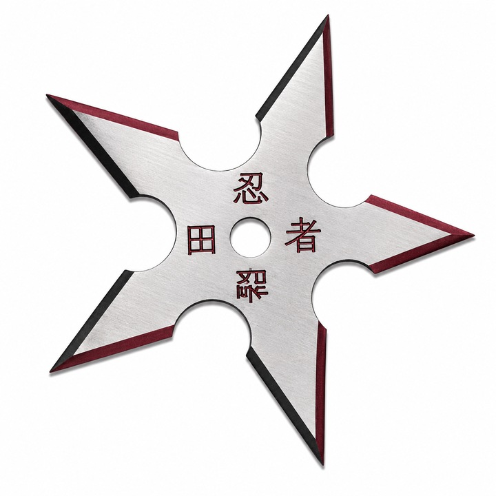 Stea Ninja Shuriken Metalica, 9 cm, Rozsdamentes Acél, Klasszikus 5-ágú Modell, Ezüst/Piros, Gyűjteményhez és Dekorációhoz, Dalimag