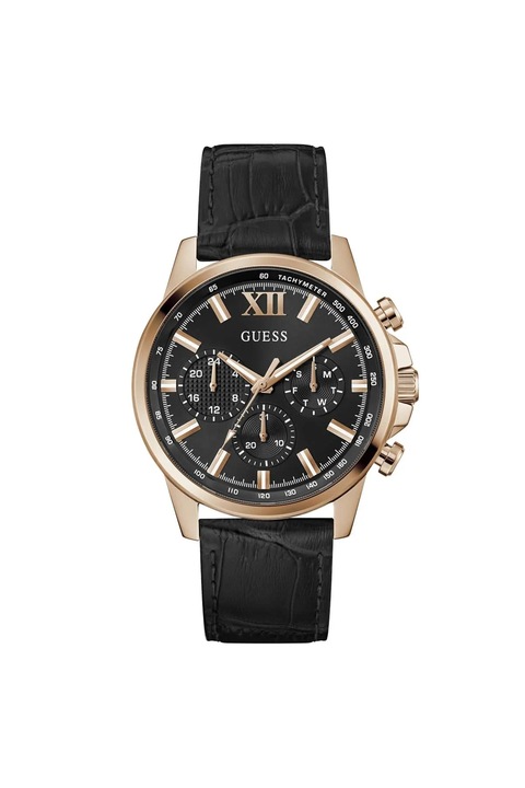 Guess, мъжки часовник от стомана с каишка от екологична кожа, хронограф GW0901G5, черен/розово злато