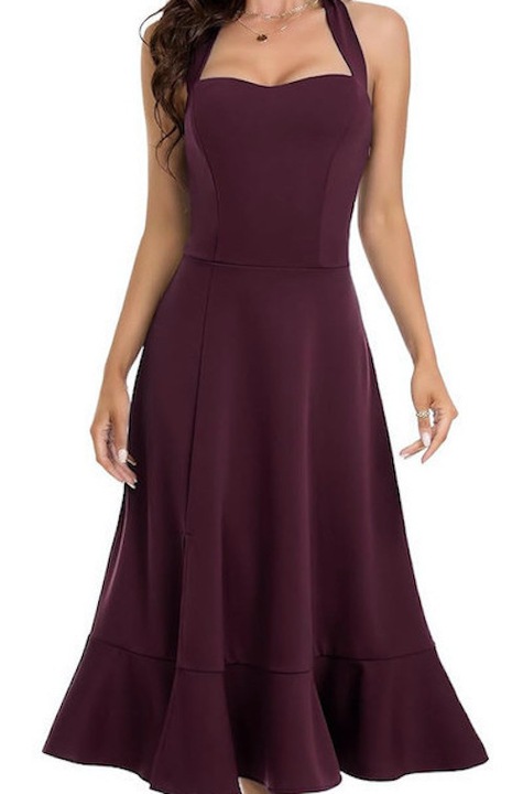 Női koktélruha, Dresstells, elegáns koktélruha, bővülő, 2XL, ismeretlen anyag, bordó, halter nyakkivágással, térd alatti hosszúságú, alkalmi viseletre