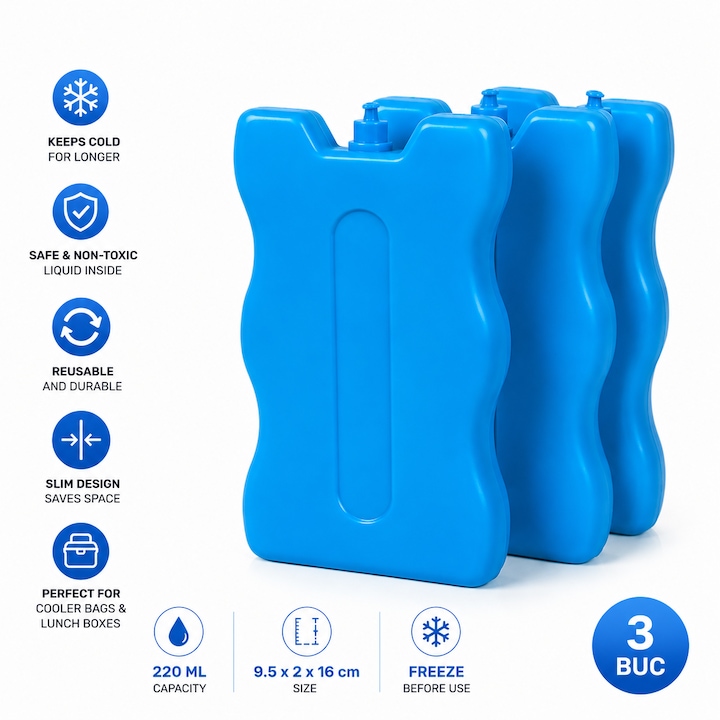 Комплект от 3 охлаждащи таблетки VARENTIS 220ml, многократна употреба, сини, за хладилна чанта