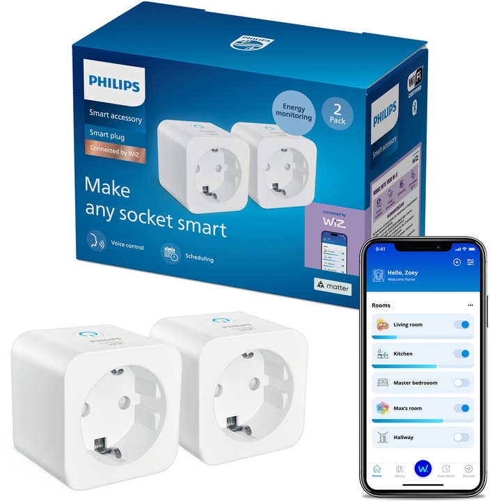 Pachet 2 prize inteligente Type-F 2PK Matter Philips Smart, Wi-Fi, WiZ, IP20