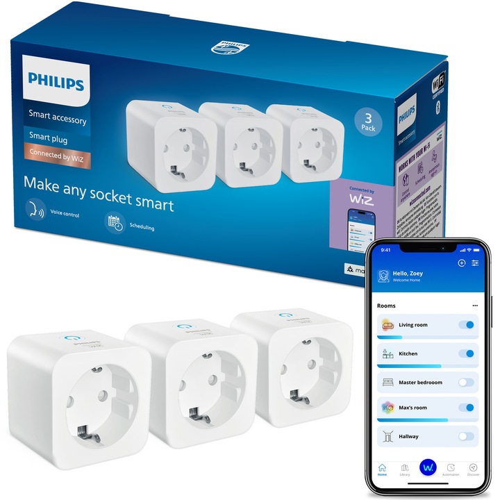 Priza inteligenta Type-F 3PK Matter Philips Smart, IP20, Clasa I -impamantat, type F, 230 V, 2300 W, Wi-Fi: 802.11b/g/n, Alexa, Google Home, Homey, IFTTT, Matter, Samsung Smartthings, Comenzi rapide Siri