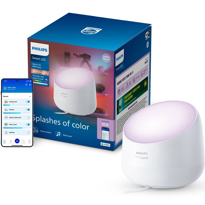 Настолна LED лампа Philips Smart Squire Lite, 2200 K – 6500 K, IP20, 220-240 V, EyeComfort, 620 lm, Bluetooth, WiFi (2,4 GHz), Alexa, Google Home, Homey, IFTTT, Matter, Samsung Smartthings, Бял