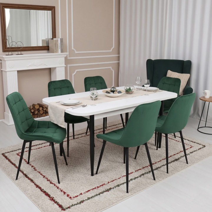 Set Masa Extensibila Bucatarie / Dining Viena Alba ARTA TABLE 140-185 x 80 cm cu 6 Scaune Onix Verde, Tapitate Catifea, Picioare Metalice Negre