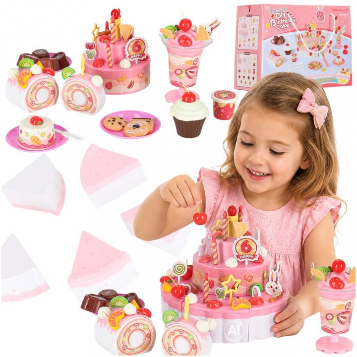 Set tort aniversar de jucarie pentru copii Pink, interactiv cu trei etaje, sunete si lumini, pana la 117 accesorii detasabile