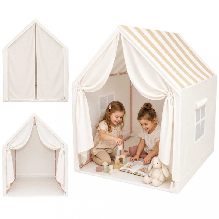 Cort de joaca pliabil pentru copii, Ikonka Beige, in forma de casuta, 2 ferestre laterale cu perdele, si gentuta de transport cu manere 130 x 120 x 100 cm