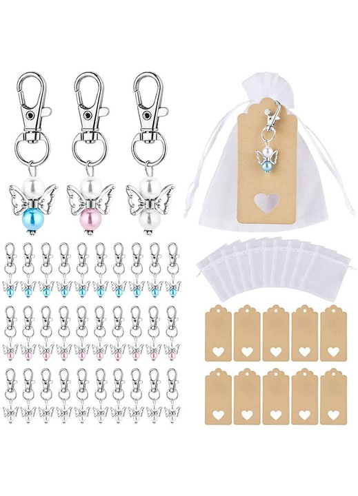 30 db-os szett: többszínű fém angyal kulcstartó 5.5x2cm, organza tasak 12x9cm és kraft címke 9.5x4.5cm