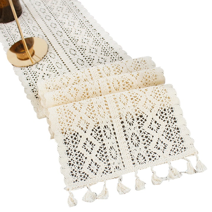 YANYXR asztali futó, pamut csipke, bézs, 24x180cm, boho, rojtokkal