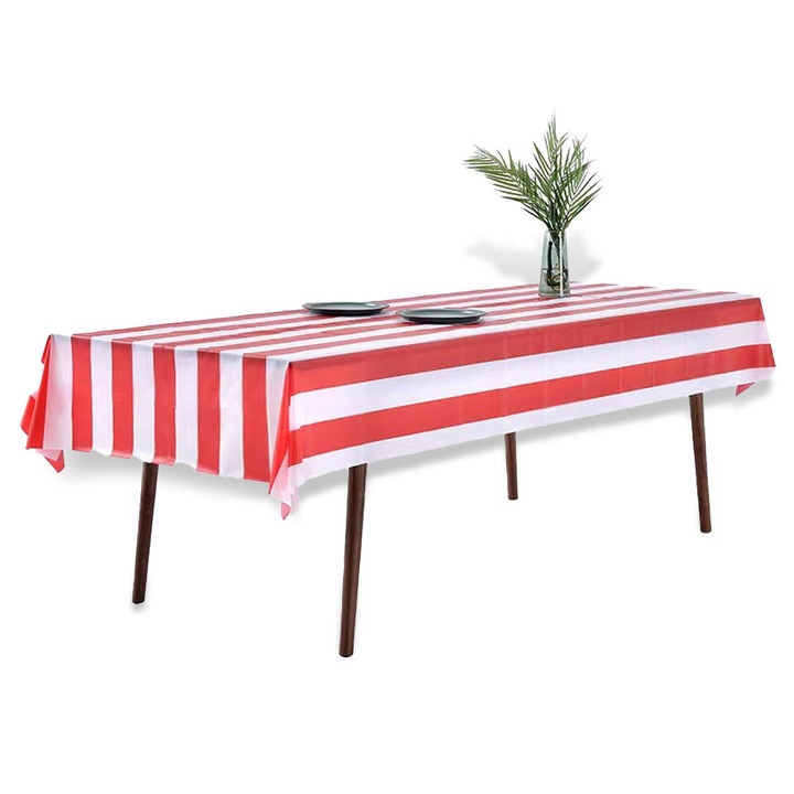 EMAGFP-BST3015693-1-A műanyag PE asztalterítő, vízálló, piros/fehér csíkos, 3 db-os szett, 137 x 274 cm