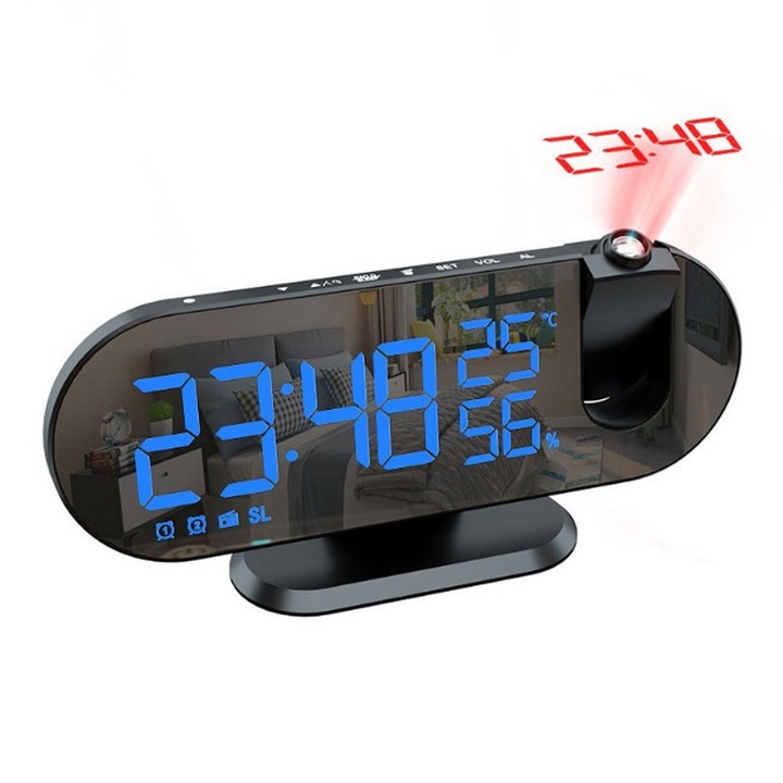 Ceas desteptator cu proiectie LED, radio, oglinda, negru, 15x7x5cm