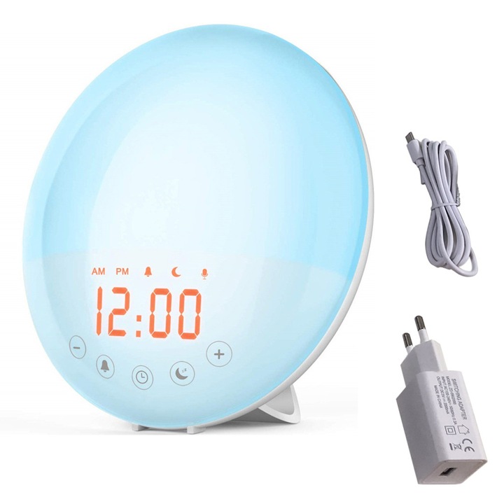 Ceas desteptator cu lumina LED, 30 niveluri luminozitate, culori multiple, 12H/24H, 8 sunete naturale, 15x15x10cm