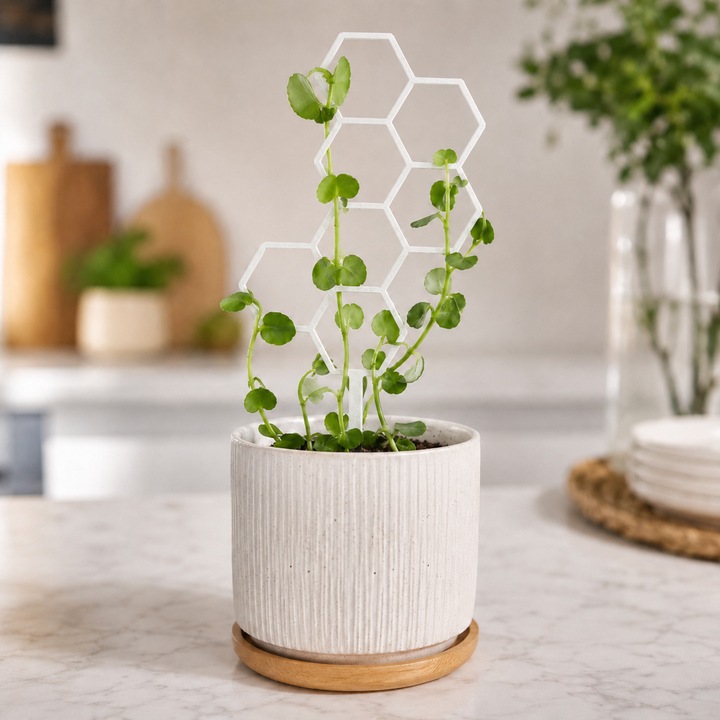 Suport de plante pentru ghiveci, model hexagonal tip fagure, tutore decorativ pentru plante de interior, 22 x 11 cm, alb