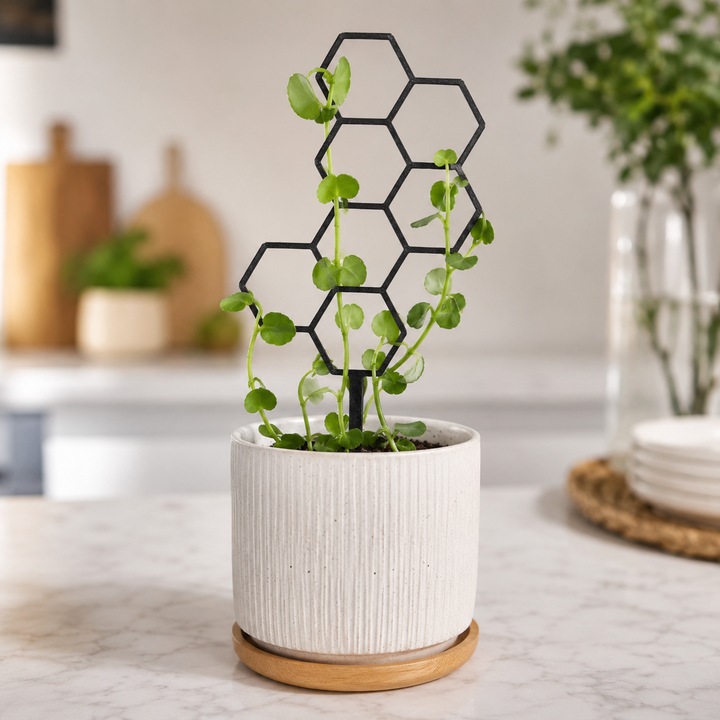 Suport de plante pentru ghiveci, model hexagonal tip fagure, tutore decorativ pentru plante de interior, 22 x 11 cm, negru