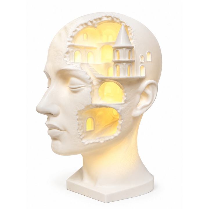 Lampa decorativa "Minte Aglomerata" — bust uman cu oras interior iluminat, veioza artistica cu LED multicolor si telecomanda
