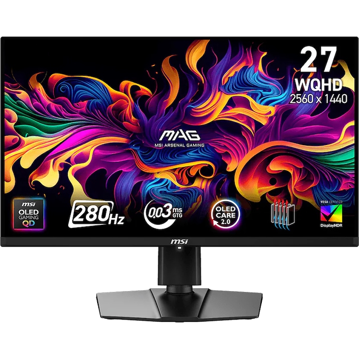 MSI MAG 271QP QD-OLED X28 Gaming monitor, 26,5", WQHD (2560×1440), QD-OLED, 280Hz, 0,03ms (GTG), HDR True Black 400, NVIDIA G-SYNC kompatibilis, AMD FreeSync™ Premium Pro, 2× HDMI 2.1, DP 1.4a, USB-C (DP mód/PD 15W), Pivot, magasságállítás, Fekete