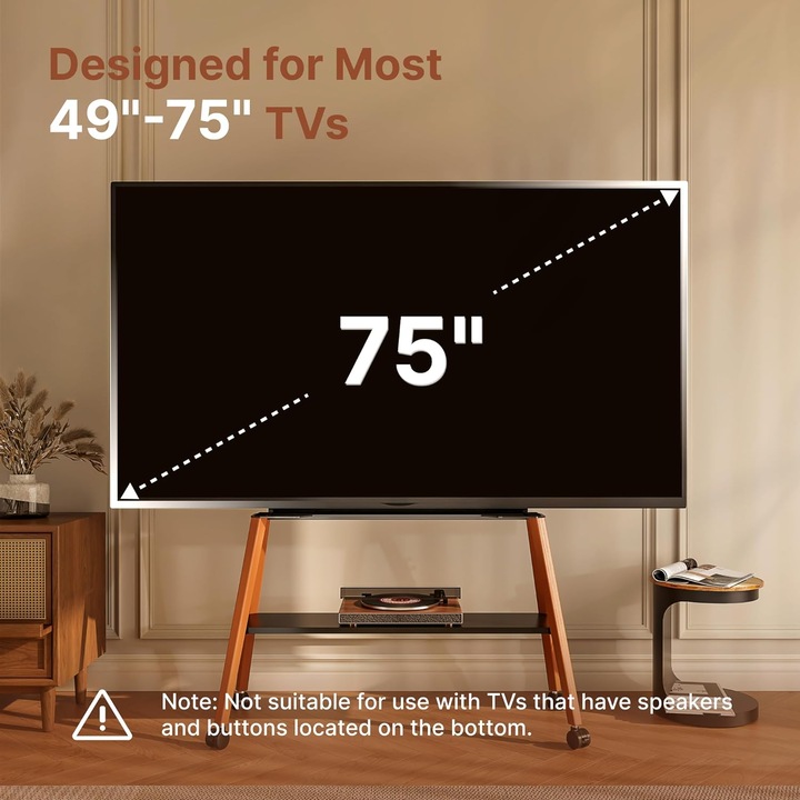 Mobil TV állvány kerekekkel 49–75 hüvelykes televíziókhoz, VESA kompatibilis, fa és fém tartó, polccal és kábelrendező rendszerrel, 40 kg teherbírás, Barna