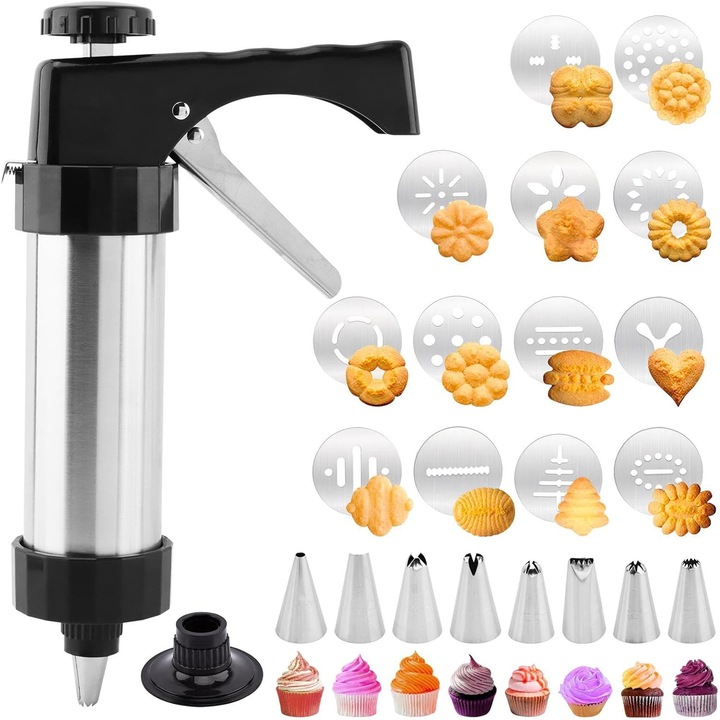 Set cofetarie/patiserie otel inoxidabil 304, set complet cu 13 discuri modelatoare si 8 duze decorare praline, torturi si creme, pistol decorator pentru cofetarie DIY, Potrivit pentru ingrediente precum smantana, piure de fructe si ciocolata
