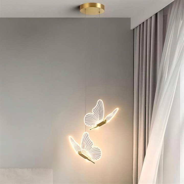 Lustra Forma Fluture, Lavian, 3 Surse de Lumina in Forma de Fluture, LED, Lumina Calda, Neutra si Rece, Potrivit pentru Dormitor, Bucatarie, Hol, Living, Camera Copii, Restaurant, 12W, 200cm, Auriu/Transparent