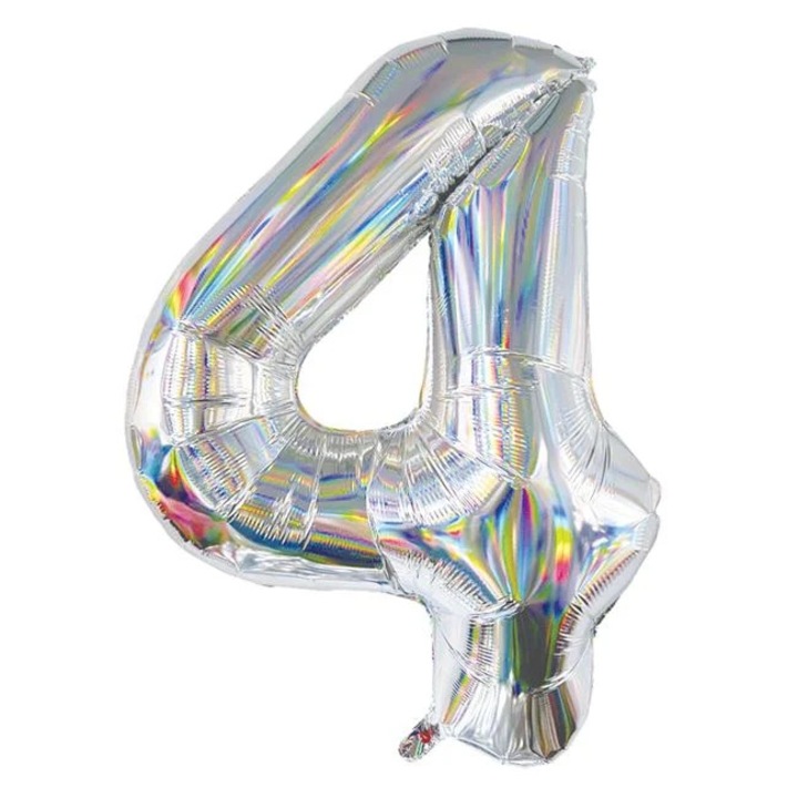 Holografikus Ezüst Fólia Parti Léggömb, 4-es szám - 82cm