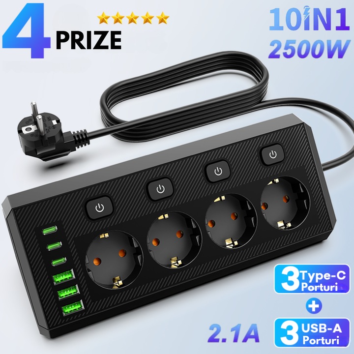 Електрически разклонител 10 в 1 Dasbo®, 4 EU контакта - 2500W, 3 USB порта + 3 USB-C порта, Индивидуални ON/OFF превключватели, защита от претоварване, монтаж на стена, триъгълен дизайн, Защита за деца, Черен