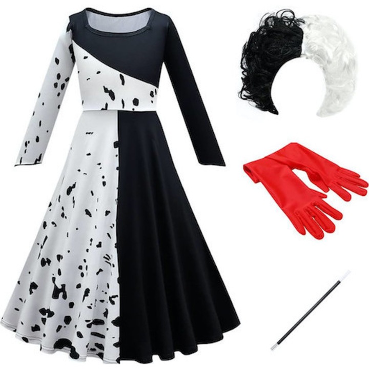 Костюм за момичета, FYMNSI, Cruella, 15-16 години, комплект 4 в 1, рокля, перука, ръкавици, дръжка, черно-бял, на точки, с пелерина, качулка