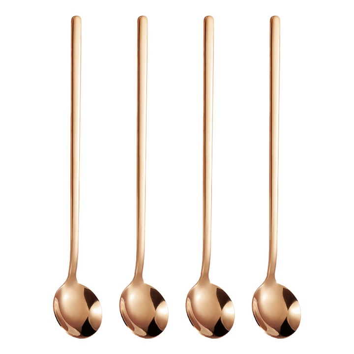 Linguri pentru espresso din otel inoxidabil, finisaj lucios, maner lung, roz-auriu, set 4, 17 cm