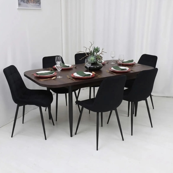 Set Masa Extensibila Bucatarie / Dining Viena Wenge ARTA TABLE 140-185 x 80 cm cu 6 Scaune Onix Negru, Tapitate Catifea, Picioare Metalice Negre
