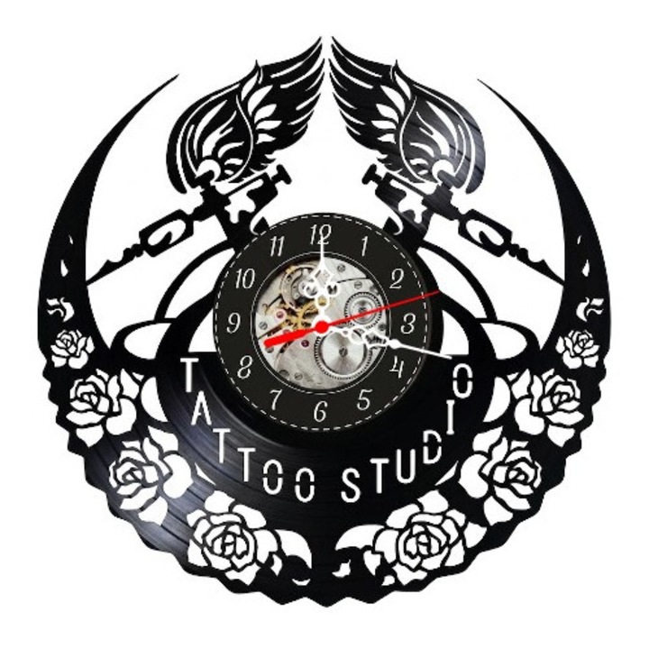 Dekoratív falióra bakelit lemezből, Tattoo Studio / Tetováló Szalon Tatuáló Gépekkel és Rózsákkal modell, Fekete, 30 cm