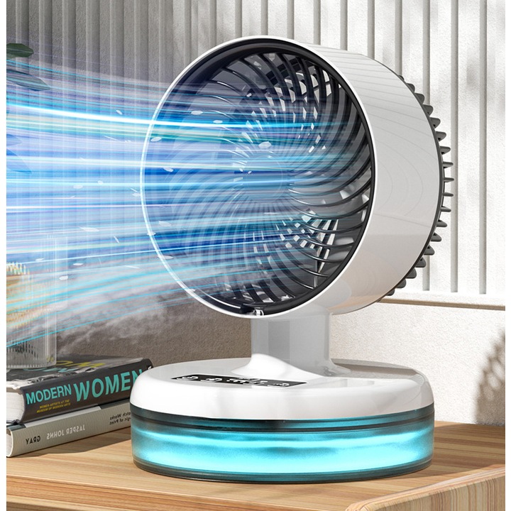 Mini Hordozható Ventilátor, Aiorber, Kettős Permetezéses Hűtés és Párásító, 900ml Tartály, Csendes Turbó Motor, 3 Sebesség, LED Hangulatvilágítás