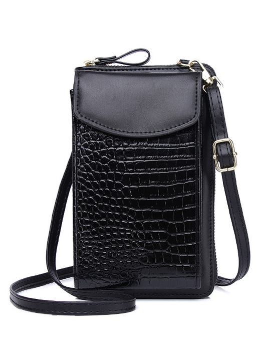 Kisméretű crossbody telefontáska, állítható pánt, fekete, 20x12cm