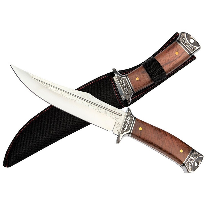 Professzionális vadászkés, fix Clip Point penge, 31 cm hosszúság, Full Tang, 420 rozsdamentes acél, ergonomikus fa markolat, Cordura tok, kemping túlélés outdoor