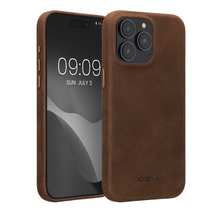 Husa Kalibri pentru iPhone 15 Pro Max, anti-alunecare, piele naturala, plastic, maro