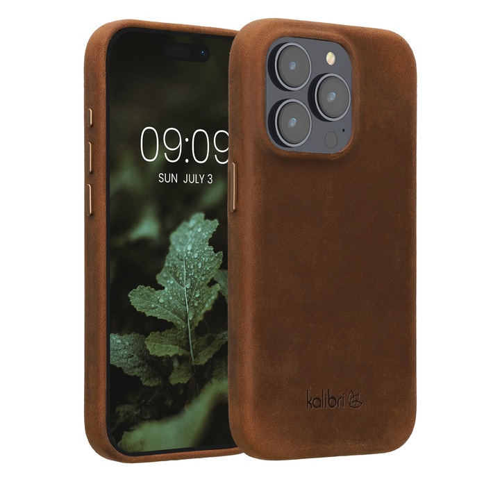 Husa Kalibri pentru iPhone 15 Pro, anti-alunecare, piele naturala, plastic, maro