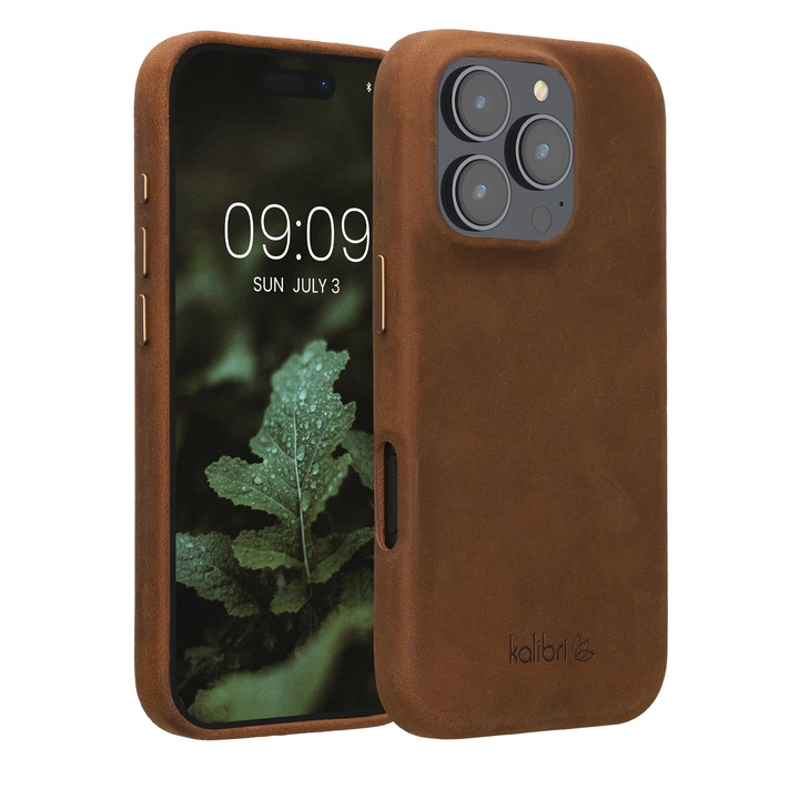 Husa Kalibri pentru iPhone 16 Pro, anti-alunecare, piele naturala, plastic, maro