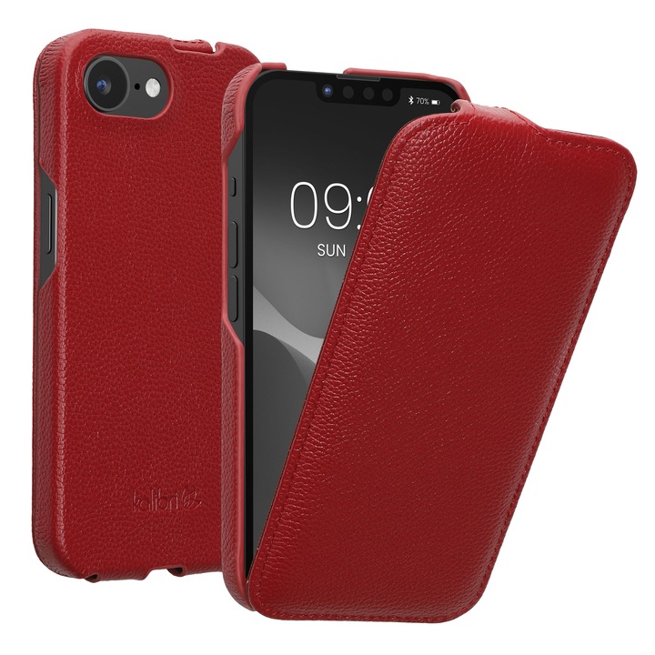 Husa tip flip Kalibri pentru iPhone 17e/16e, protectie la zgarieturi, protectie la praf, piele naturala, rosu