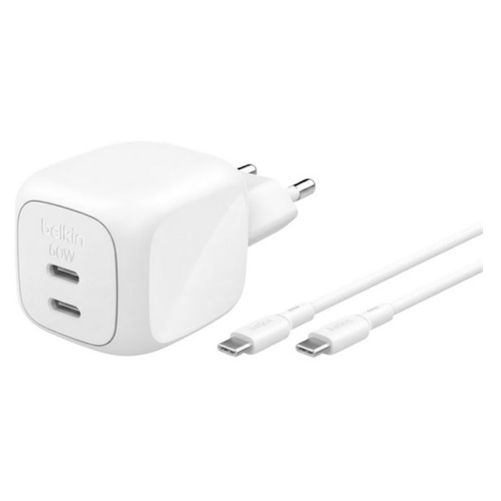Belkin boostcharge pro hálózati töltő 2 type-c aljzat, 50w, gan, pd gyorstöltő + type-c kábel, fehér