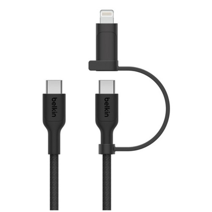 Belkin boostcharge pro adatkábel 2in1, type-c - type-c/lightning, 60w, pd gyorstöltő, cipőfűző, 150cm, fekete