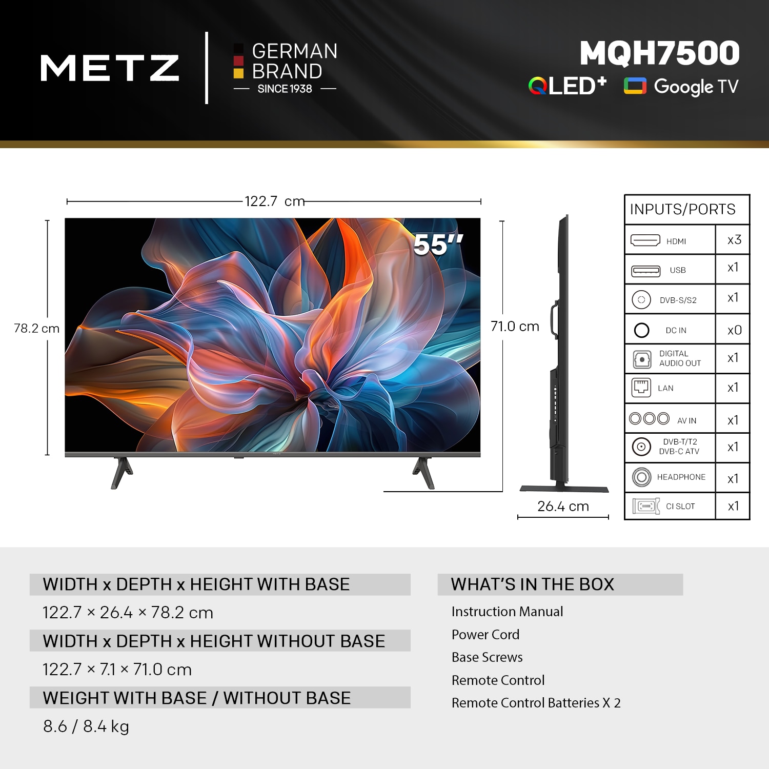 Televizor METZ QLED 55MQH7500Z, 139 cm, Smart Google TV, 4K Ultra HD, Clasa E (Model 2026)