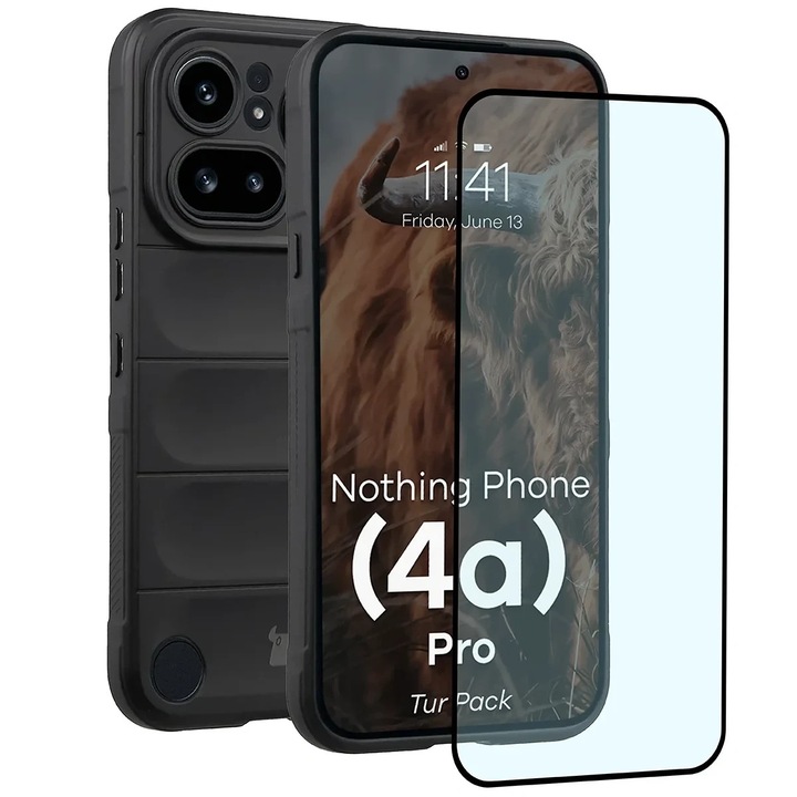 Kit protectie 2 in 1 BizonMobile, Carcasa Bizon Tur si Folie sticla securizata Bizon Glass Edge, compatibil cu Nothing Phone (4a) Pro, Negru