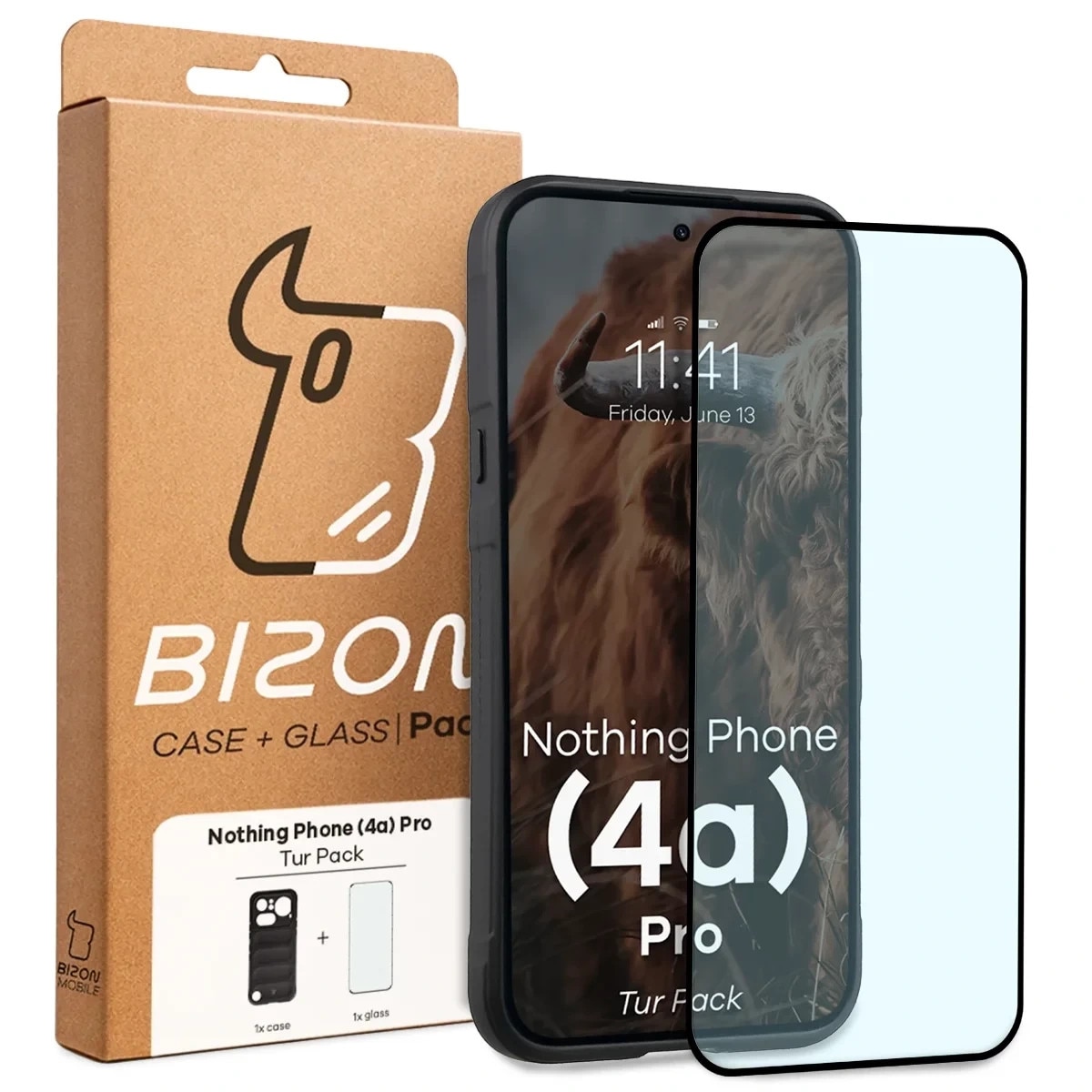 Kit protectie 2 in 1 BizonMobile, Carcasa Bizon Tur si Folie sticla securizata Bizon Glass Edge, compatibil cu Nothing Phone (4a) Pro, Negru