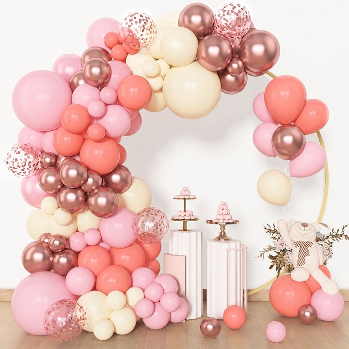 Set baloane 124 piese, roz pastel, roz somon, rose gold, crem, decor elegant pentru aniversare, botez, nunta sau baby shower, baloane latex premium diferite dimensiuni, kit complet cu panglica si accesorii, usor de montat, potrivit pentru decoratiuni foto