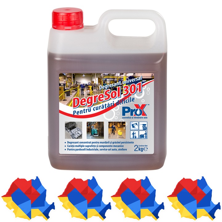 Degresant universal profesional PRO X Degresol 301, concentrat biodegradabil pentru industrie, pardoseli industriale, utilaje, motoare, piese mecanice, service-uri auto si ateliere, 2 L, 4x Stickere