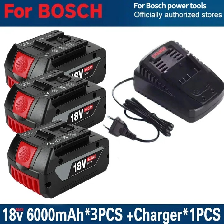 Set acumulatori 18V pentru scule electrice, Li-ion baterii + incarcator, 3x 6, 0 Ah (6000 mAh), reincarcabil, acumulatori de schimb