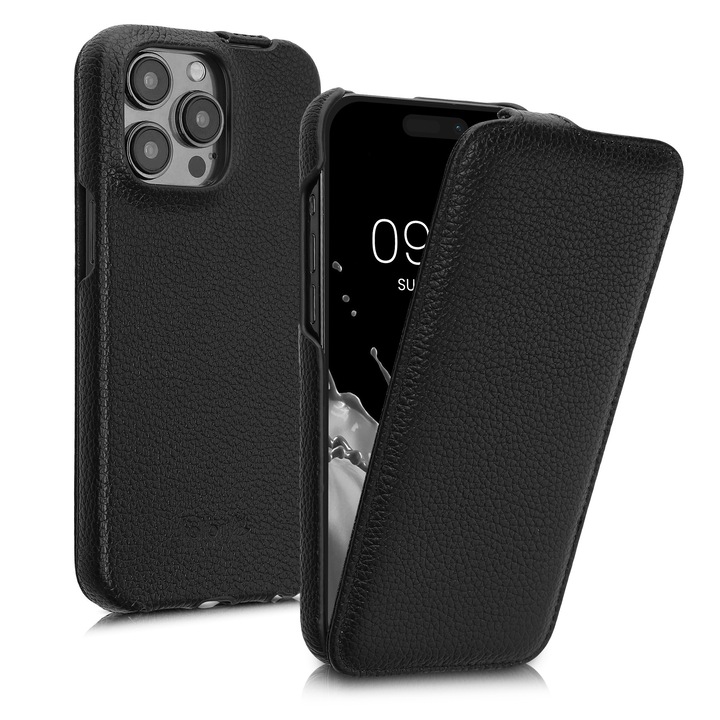 Husa tip flip Kalibri pentru iPhone 15 Pro, protectie la zgarieturi, piele naturala, negru