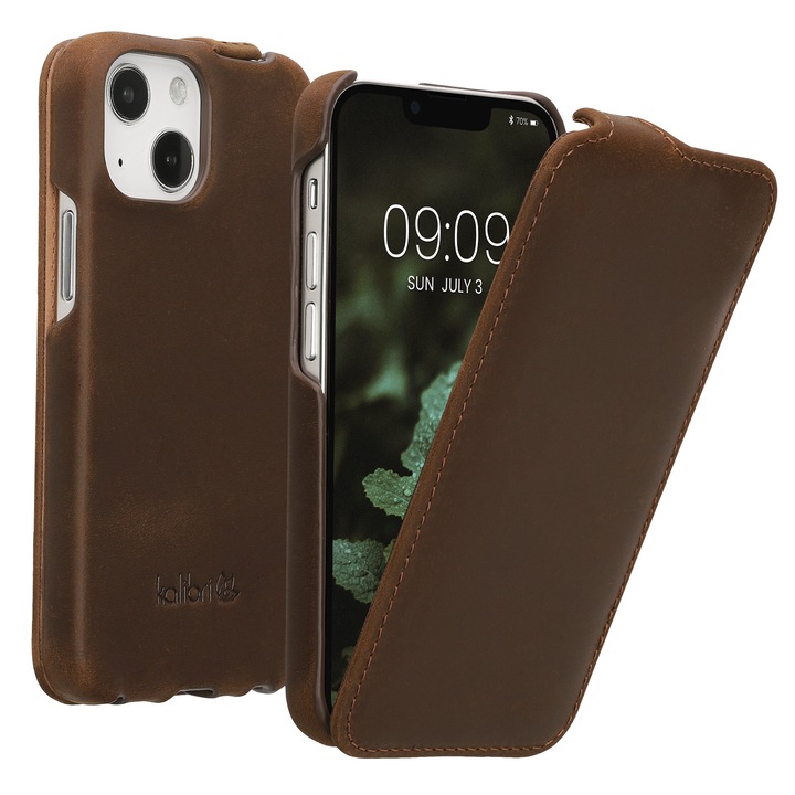 Husa tip flip Kalibri pentru iPhone 13 mini, protectie la zgarieturi, piele naturala, maro