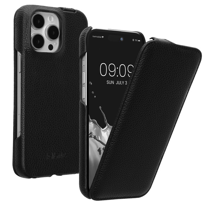 Husa tip flip Kalibri pentru iPhone 16 Pro Max, protectie la zgarieturi, protectie la praf, piele naturala, negru